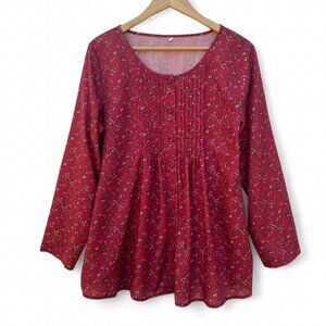 Women's Red Floral Blouse Cottage Boho Prairie - Size XL
